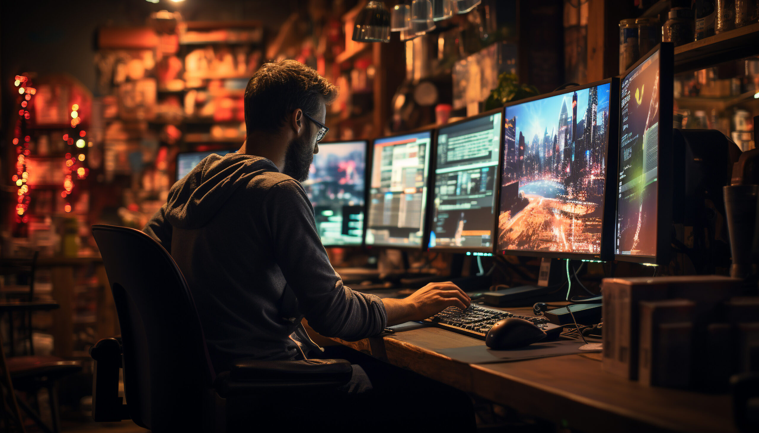 Young adult businessman working late at night on computer technology generated by artificial intelligence